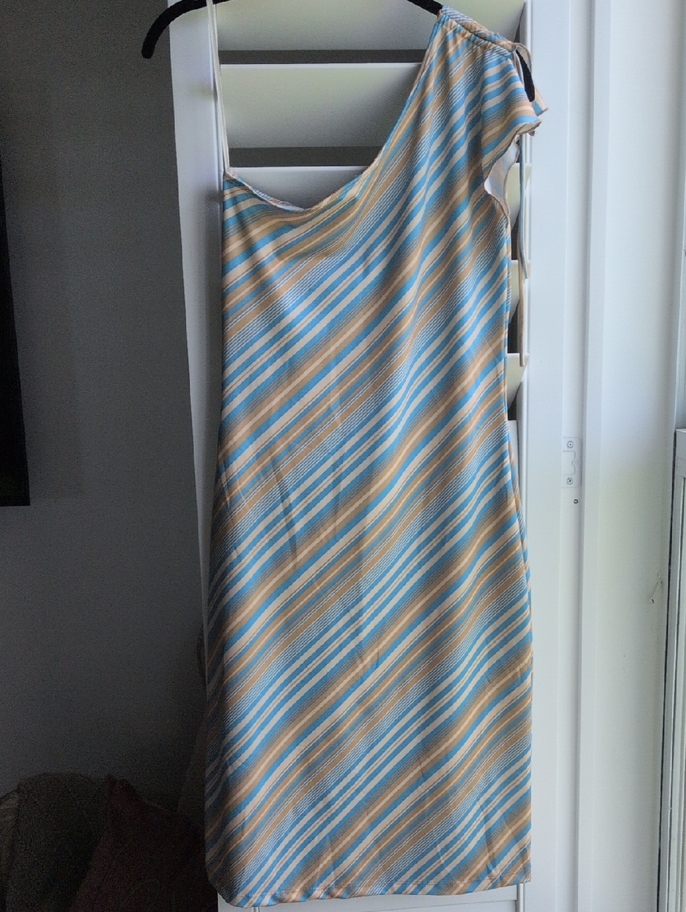 579 Striped One-Shoulder Blue and Tan Midi Skirt